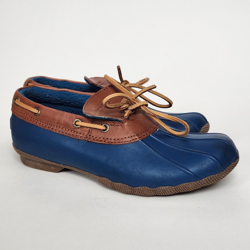 Sperry Saltwater Duck Boat Shoes Womens 7 Blue Tan Leather Waterproof Mocs Prep